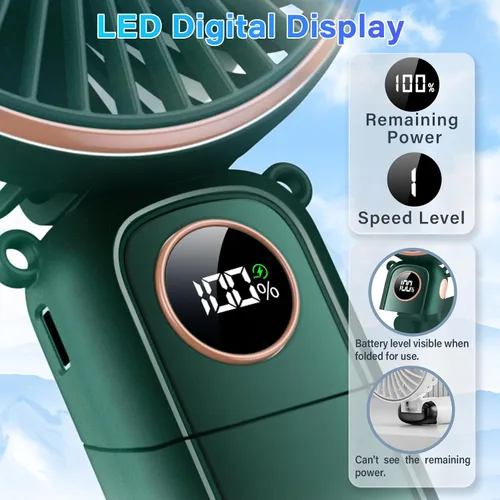 Vista 4 de Ventilador de mano portátil de 5200 mAh, recargable por USB, eléctrico, pequeño, pequeño, pequeño, de mano, 22 horas, 6 velocidades, pantalla LED