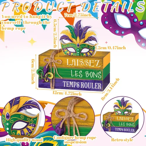 Vista 4 de 4 piezas de decoraciones de Mardi Gras para el hogar, centros de mesa de Mardi Gras, máscaras de mascarada, decoraciones de mesa, bloques de madera