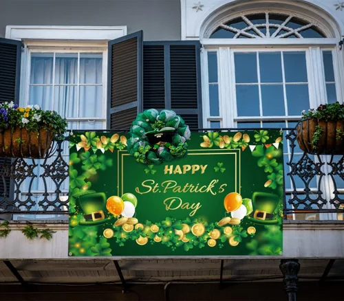Vista 7 de Decoraciones de pancarta de feliz día de San Patricio, telón de fondo del día de San Patricio de 71 x 45 pulgadas con diseño de trébol de la suerte