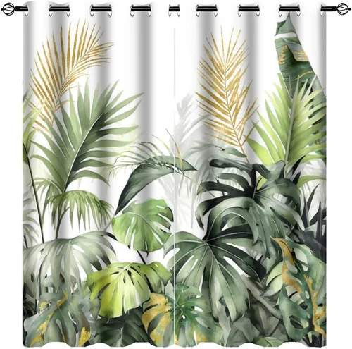 Vista 38 de Cortinas abstractas de hojas tropicales, acuarela tropical, hojas de palma, verano hawaiano, plátano, aislamiento térmico, cortinas completas