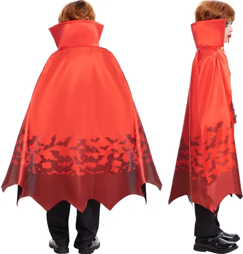 Vista 2 de Vampire Costume Kids Boy Medieval Scary Vampire Costume for Halloween Party, Vampire Teeth Cosmetic Kit IncludedBlack Red