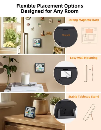 Vista 8 de NOKLEAD Termómetro higrómetro para interiores, mini monitor digital de temperatura y humedad de escritorio con indicador de comodidad y reloj
