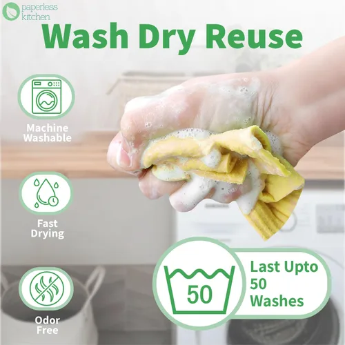 Vista 5 de Paños de cocina suecos reutilizables (paquete de 4) – Paños de limpieza de cocina ultra absorbentes y ecológicos – Toalla de papel alternativa