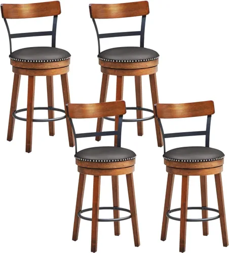 Vista 12 de COSTWAY Juego de 2 taburetes de bar, taburetes giratorios de 360 grados con asiento acolchado de cuero, respaldo de escalera de un solo listón