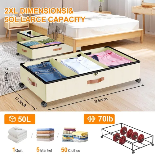 Vista 5 de Almacenamiento debajo de la cama con ruedas, paquete de 2 contenedores de almacenamiento debajo de la cama con tapas transparentes, XXL 65L debajo