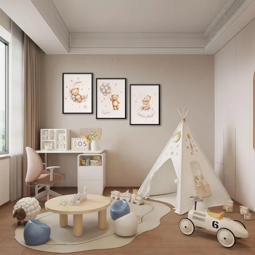 Vista 5 de 3 piezas de arte de pared con marco de oso de peluche para guardería, lienzo con oso durmiendo en la luna y estrellas, decoración de pared, imágenes