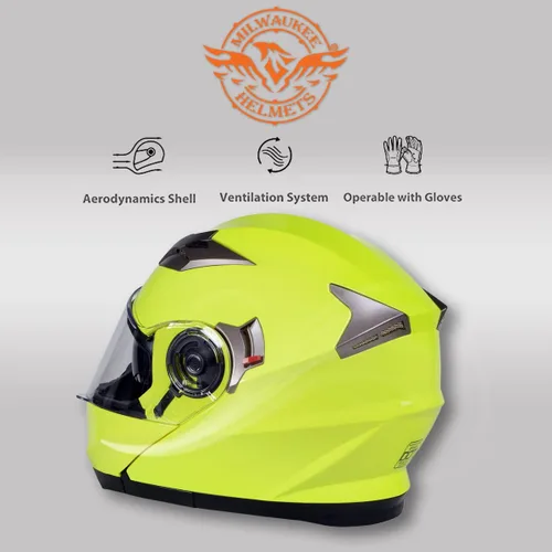 Vista 6 de Cascos Milwaukee MPH9809DOT Ionized Amarillo Neón Avanzado Casco Modular de Motocicleta para Motociclista con Visera Desmontable
