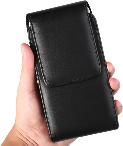 Vista 3 de Funda vertical negra para teléfono celular con clip para cinturón compatible con Apple iPhone 12 Pro Max Huawei P40 Pro Motorola G Fast E Edge+ LG