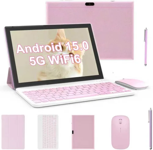 Vista 7 de Tableta 2 en 1, tabletas de 10 pulgadas Android 14, set de tableta con teclado, estuche, ratón, lápiz capacitivo, 8GB+64GB/1TB de expansión