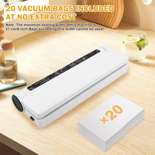 Vista 6 de Máquina selladora al vacío para alimentos, succión fuerte de 75 KPA, modos húmedo/seco, 20 bolsas de sellado al vacío para alimentos, temporizador