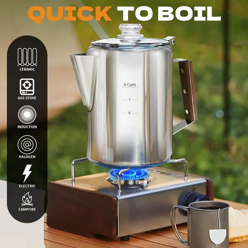 Vista 2 de Percolator Pot - Olla de café de acero inoxidable para acampar, sin aluminio o plástico, estufa de café (9 tazas)