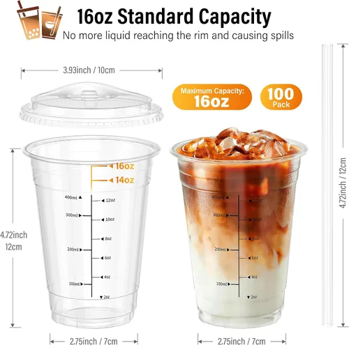 Vista 3 de Paquete de 100 tazas de café helado Ratio Lines de 16 onzas con tapas y popotes, sin adivinar bebidas consistentes, vasos desechables de plástico