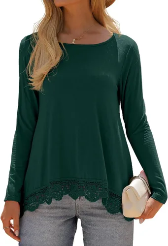 Vista 4 de QIXING Blusa tipo túnica con cuello redondo y ribete de encaje para mujer
