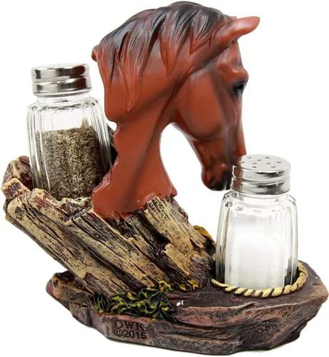 Vista 7 de Ebros Country - Juego de figuras de caballo de semental marrón castaño occidental por Farm Wagon Wheel Lasso Herraduras Salero y Pimentero Estatua