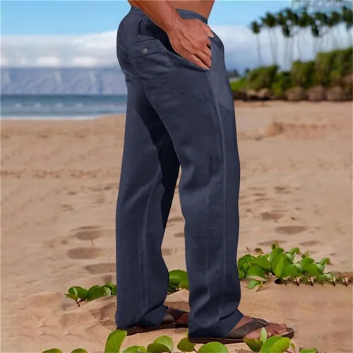 Vista 3 de Men's Cotton and Linen Outdoor Daily Solid Color Drawstring Multi Pocket Loose Straight Leg Pants L