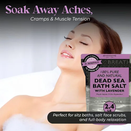 Vista 5 de Aromasong Sal pura del mar muerto para remojar con lavanda 100% natural, 2.43 libras, sal de baño de spa de grano fino, exfoliante de lavado