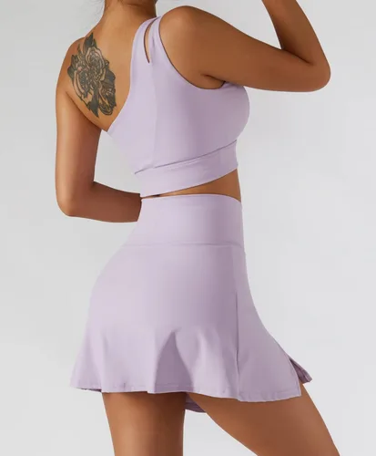 Vista 2 de Faldas de tenis para mujer, conjunto de brasier deportivo de cintura alta, falda de golf, un hombro, brasier deportivo para correr, entrenamiento