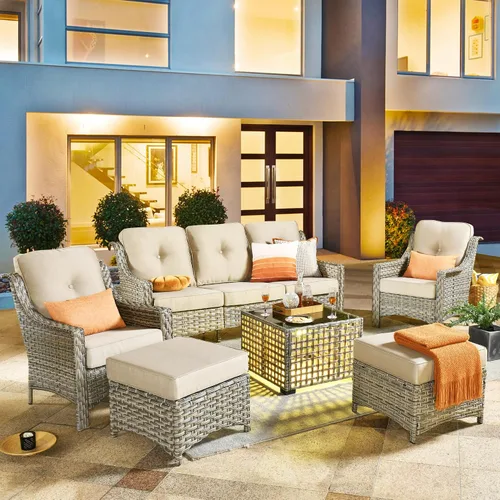 Vista 80 de HOOOWOOO Sofá de patio de 3 plazas de mimbre para exteriores, resistente a todo tipo de clima, con respaldo alto, muebles a juego (beige y bronceado)