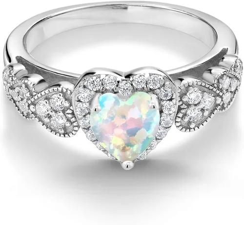 Vista 3 de Gem Stone King 925 Sterling Silver White Simulated Opal Ring For Women (1.18 Cttw, Heart Shape 6MM, Available in size 5, 6, 7, 8, 9)
