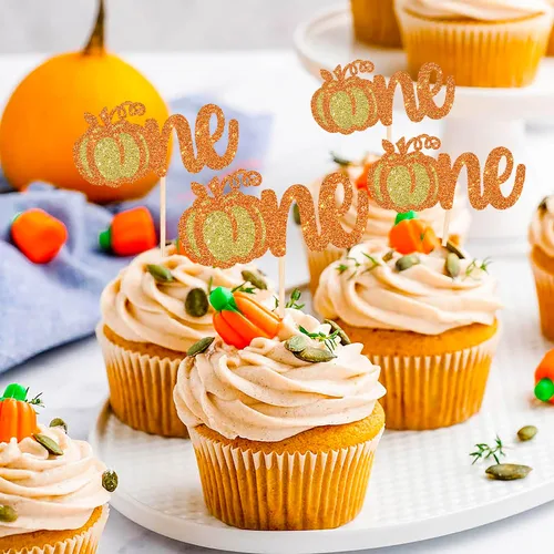 Vista 3 de Rsstarxi Paquete de 24 decoraciones de calabaza con purpurina para cupcakes de primer cumpleaños, decoración de pastel de calabaza para el primer