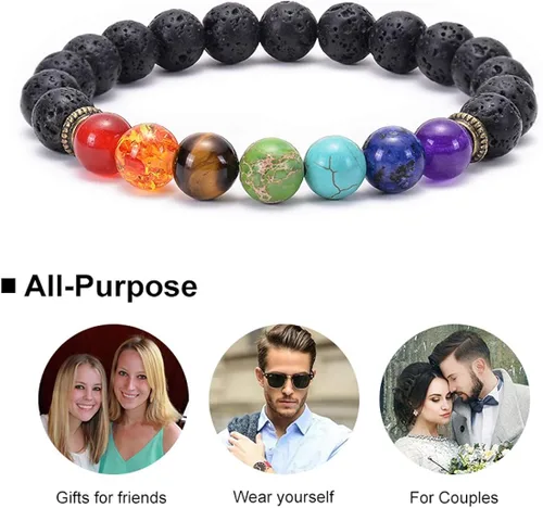 Vista 6 de Brazalete GelConnie de piedras de lava 7 chakras 032 pulgadas piedra natural para curación alivio del estrés yoga ansiedad aromaterapia difusor