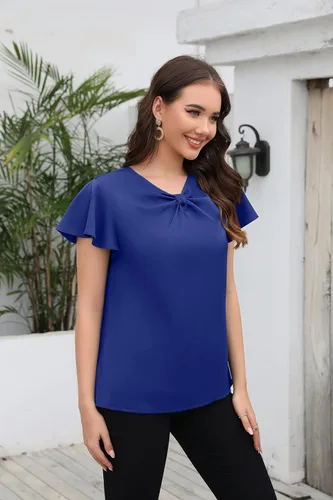 Vista 5 de Poplab Blusa casual de gasa con cuello en V y manga corta con nudo de lazo para mujer