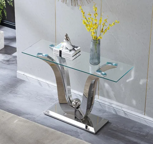 Vista 4 de 1 mesa de consola para sala de estar, mesa de entrada de cristal de lujo, moderna mesa de consola plateada con base de pedestal de acero inoxidable