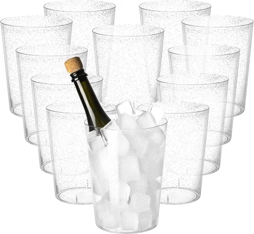 Vista 8 de Tiawudi Paquete de 12 cubos de hielo de plástico para fiestas, enfriador de vino transparente con purpurina dorada para bodas, bueno como un