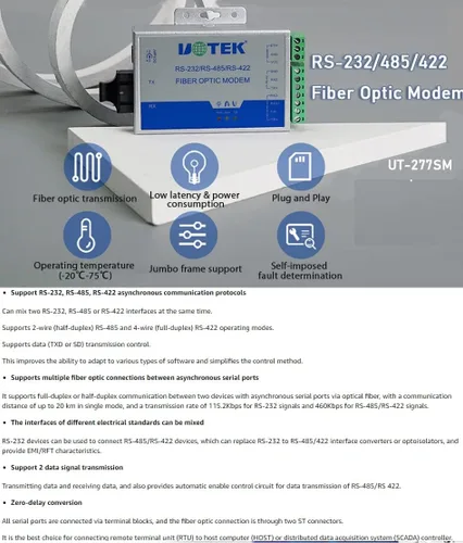 Vista 7 de UTEK UT-277SM-SC RS-232/422/485 a convertidores de medios de fibra óptica