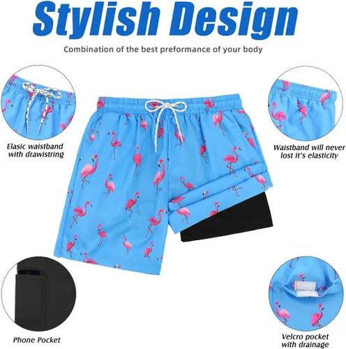 Vista 5 de Century Star Traje de baño para hombre con forro de compresión de secado rápido con bolsillos 01 Flamencos azul cielo