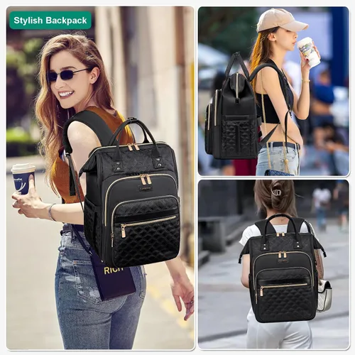Vista 7 de Mochila de almuerzo, mochila para laptop de 15.6 pulgadas para mujeres, enfermeras, profesores, mochila de trabajo con lonchera aislada, Negro