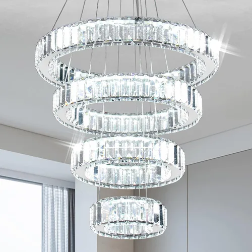 Vista 8 de Candelabro LED de 4 anillos para comedor, moderna lámpara de cristal colgante, lámparas de techo alto para dormitorio, sala de estar, comedor