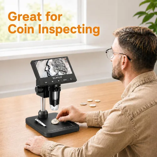 Vista 2 de Elikliv Microscopio para monedas, microscopio digital LCD de 4.3 pulgadas, 1000x, lupa de monedas con 8 luces LED ajustables, vista de PC compatible