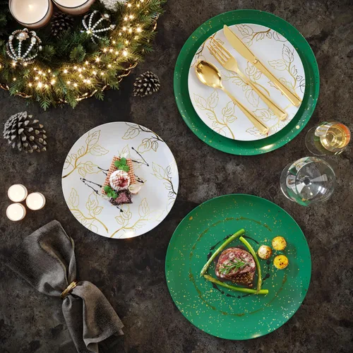 Vista 6 de Trendables Platos de Navidad desechables 100 piezas de vajilla navideña, juego de platos de plástico de Navidad incluye: 20 platos llanos de 10