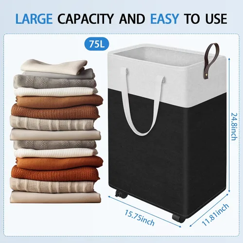 Vista 2 de HomeHacks - Cesta de lavandería rodante de 75L con ruedas, cesta de ropa plegable e impermeable, cesta de ropa móvil, contenedores de almacenamiento