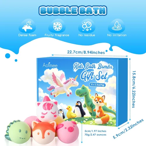 Vista 8 de Aofmee Bombas de baño para niños, 12 bombas de baño para niños con aceite esencial, 6 formas de animales y aroma afrutado, juego de regalo de spa