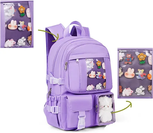 Vista 3 de Mochila Kawaii para niñas, bonita mochila estética para la escuela, mochila Kawaii con accesorios y colgante, Púrpura, Mochilas Tradicionales