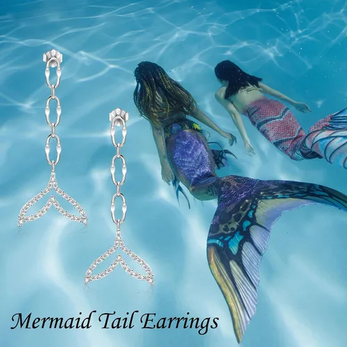 Vista 7 de EXRANQO Aretes colgantes de cola de sirena brillante de plata de ley 925 con circonita cúbica, regalo perfecto de joyería de cola de pez para niñas