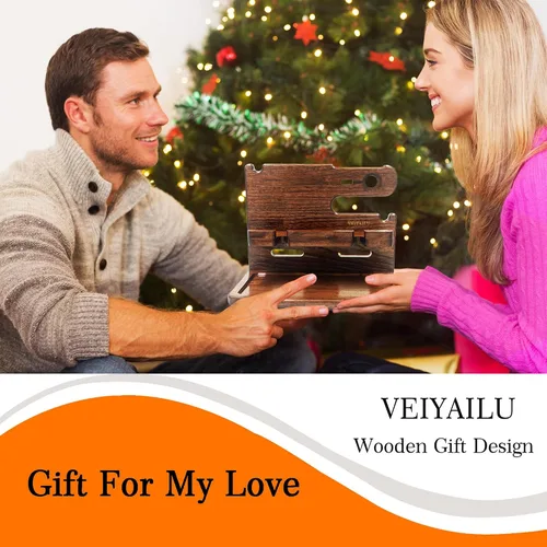 Vista 5 de VEIYAILU Regalos para hombres, novio, papá, marido, él, estación de acoplamiento de madera, organizador de mesita de noche para hombres (nogal)
