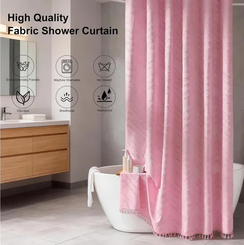 Vista 50 de Cortina de ducha Siiluminisoy de 36x72 beige, cortina de ducha de tela de tamaño pequeño, cortinas de ducha de tela con tufting, diseño chevron a