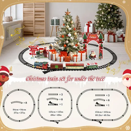 Vista 6 de Caja de regalo de tren eléctrico de vapor de Navidad con pista, luces, música, humo, batería recargable USB, incluye locomotora y autos