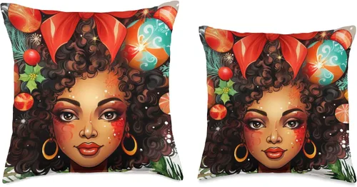 Vista 3 de Black women Christmas ornament melanin curly hair Melanin Christmas Queen Xmas Black Girl Magic Ornament Throw Pillow, 16x16, Multicolor