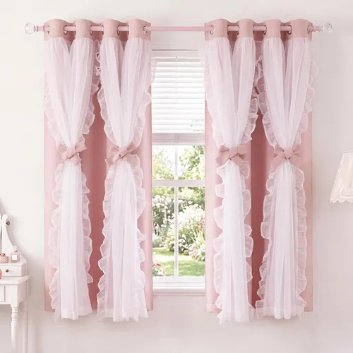 Vista 20 de PONY DANCE 100% Blackout Beige Curtains for Bedroom, Double Layer Room Darkening Drapes with White Ruffle Sheer Overlay, Boho Living Room Decor