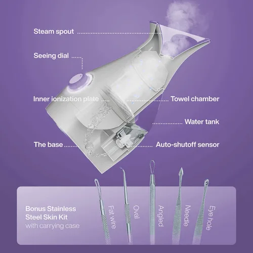 Vista 2 de NanoSteamer - Vaporizador facial nano iónico grande 3 en 1 con control preciso de temperatura - Humidificador - Desobstruye los poros - Puntos