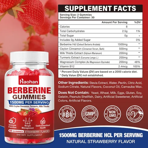 Vista 2 de Haohan Gomitas de berberina, 1500 mg de berberina de alta potencia, canela de Ceilán, cardo mariano, apoyo al sistema inmunológico y metabolismo