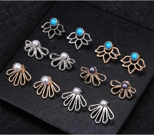 Vista 6 de Juego de 11 pares de aretes de flor de loto para mujeres y niñas, juego para orejas ansitivas, joyería simple y elegante, Diamante de imitación