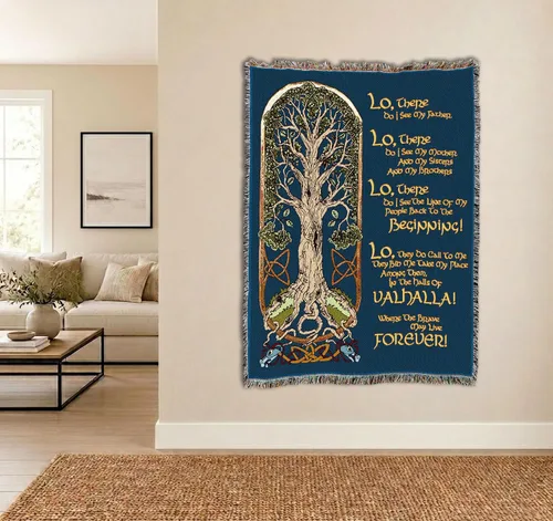 Vista 4 de Pure Country Weavers Manta de oración vikinga, árbol de la vida, tapiz de regalo nórdico tejido de algodón, fabricada en los Estados Unidos
