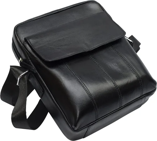 Vista 8 de Marshal Bolso cruzado para hombre de cuero genuino para iPad, tabletas, viajes, ciclismo, senderismo, oficina, negocios, Negro