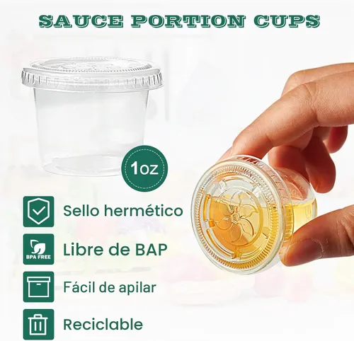 Vista 2 de Lilymicky 400 juegos de vasos de plástico desechables de 1 onza con tapas, pequeños recipientes de plástico para condimentos para salsa, vasos