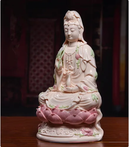Vista 4 de Estatua de Guan Yin en Lotus – Estatua budista rosa de Kuanyin/Budismo – Los mejores regalos chinos de Feng Shui (11 pulgadas)